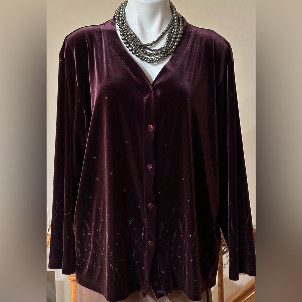 Elizabeth By Liz Claiborne Plum Suede Glitter StarsCardigan  Long Sleeves Sz L